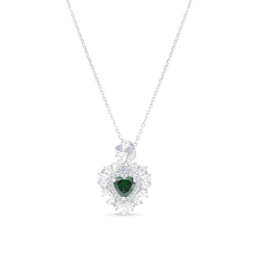 [NCL01EMR00WCZA766] Sterling Silver 925 Necklace Rhodium Plated Embedded With Emerald Zircon And White CZ