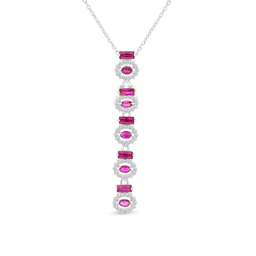 [NCL01RUB00WCZA780] Sterling Silver 925 Necklace Rhodium Plated Embedded With Ruby Corundum And White CZ
