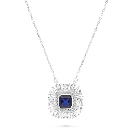 [NCL01SAP00WCZA783] Sterling Silver 925 Necklace Rhodium Plated Embedded With Sapphire Corundum And White CZ