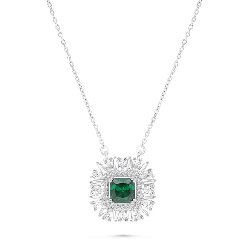 [NCL01EMR00WCZA783] Sterling Silver 925 Necklace Rhodium Plated Embedded With Emerald Zircon And White CZ