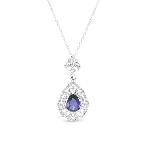[NCL01SAP00WCZA785] Sterling Silver 925 Necklace Rhodium Plated Embedded With Sapphire Corundum And White CZ