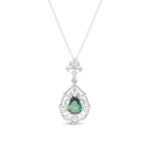 [NCL01EMR00WCZA785] Sterling Silver 925 Necklace Rhodium Plated Embedded With Emerald Zircon And White CZ