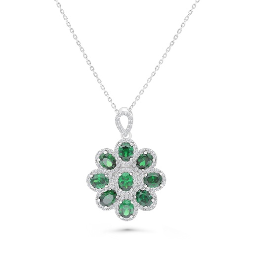 [NCL01EMR00WCZA793] Sterling Silver 925 Necklace Rhodium Plated Embedded With Emerald Zircon And White CZ