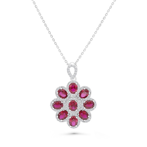 [NCL01RUB00WCZA793] Sterling Silver 925 Necklace Rhodium Plated Embedded With Ruby Corundum And White CZ