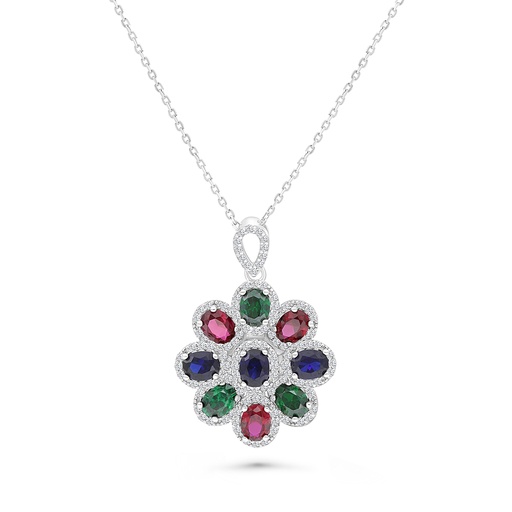 [NCL01MLS00WCZA793] Sterling Silver 925 Necklace Rhodium Plated Embedded With Sapphire Corundum , Ruby Corundum , Emerald Zircon And White CZ