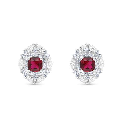 [EAR01RUB00WCZB766] Sterling Silver 925 Earring Rhodium Plated Embedded With Ruby Corundum And White CZ