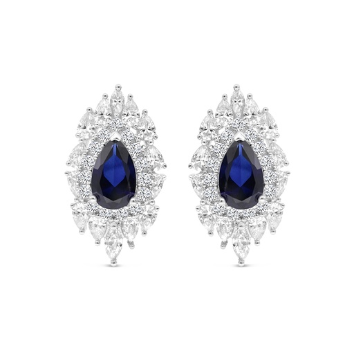[EAR01SAP00WCZB767] Sterling Silver 925 Earring Rhodium Plated Embedded With Sapphire Corundum And White CZ