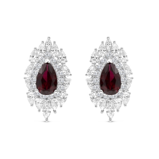[EAR01RUB00WCZB767] Sterling Silver 925 Earring Rhodium Plated Embedded With Ruby Corundum And White CZ
