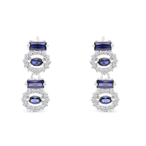 [EAR01SAP00WCZB768] Sterling Silver 925 Earring Rhodium Plated Embedded With Sapphire Corundum And White CZ