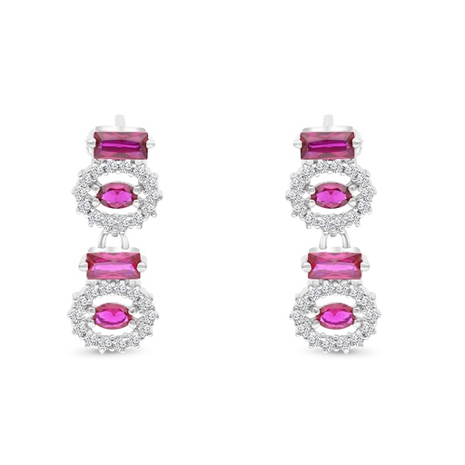 [EAR01RUB00WCZB768] Sterling Silver 925 Earring Rhodium Plated Embedded With Ruby Corundum And White CZ