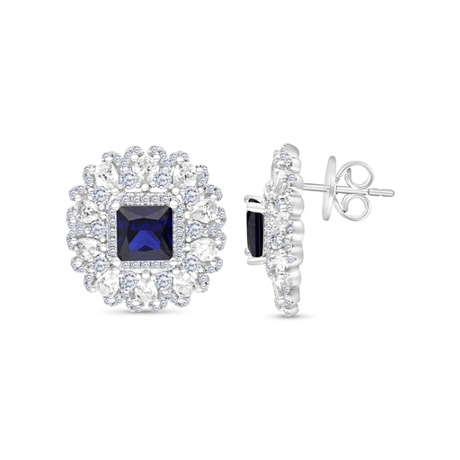 [EAR01SAP00WCZB769] Sterling Silver 925 Earring Rhodium Plated Embedded With Sapphire Corundum And White CZ