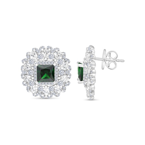 [EAR01EMR00WCZB769] Sterling Silver 925 Earring Rhodium Plated Embedded With Emerald Zircon And White CZ