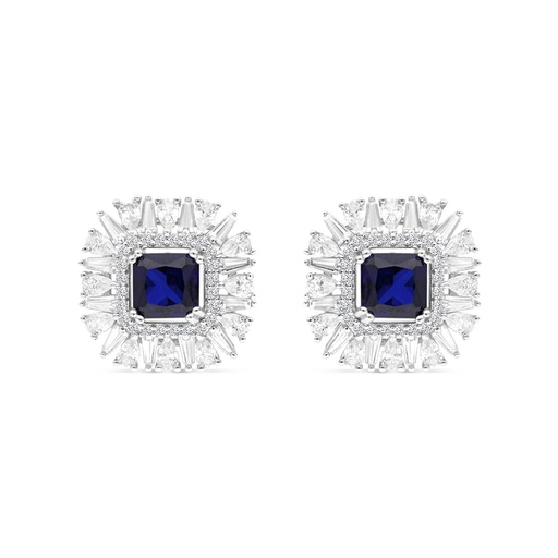 [EAR01SAP00WCZB771] Sterling Silver 925 Earring Rhodium Plated Embedded With Sapphire Corundum And White CZ