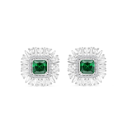 [EAR01EMR00WCZB771] Sterling Silver 925 Earring Rhodium Plated Embedded With Emerald Zircon And White CZ