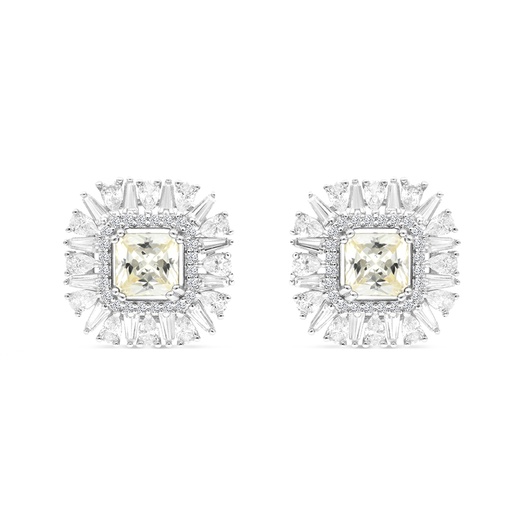 [EAR01CIT00WCZB771] Sterling Silver 925 Earring Rhodium Plated Embedded With Yellow Zircon And White CZ