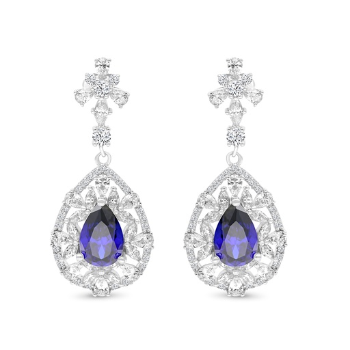 [EAR01SAP00WCZB773] Sterling Silver 925 Earring Rhodium Plated Embedded With Sapphire Corundum And White CZ