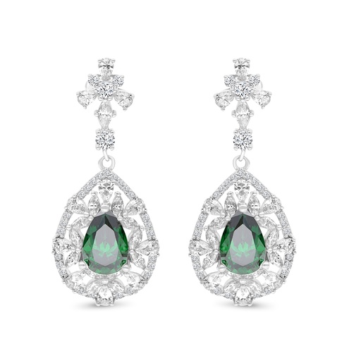 [EAR01EMR00WCZB773] Sterling Silver 925 Earring Rhodium Plated Embedded With Emerald Zircon And White CZ