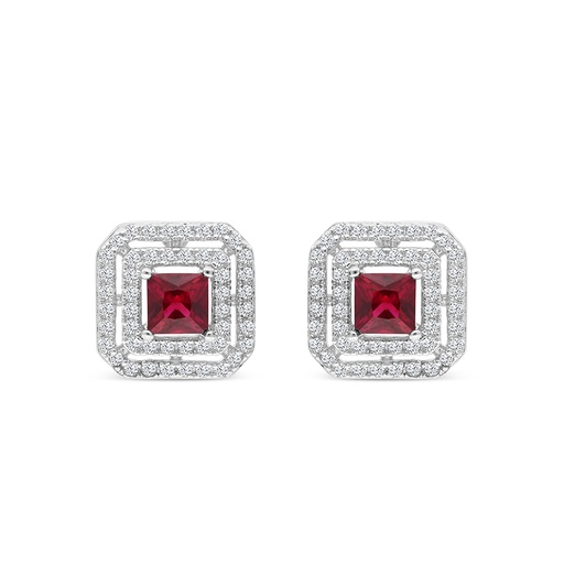 [EAR01RUB00WCZB774] Sterling Silver 925 Earring Rhodium Plated Embedded With Ruby Corundum And White CZ