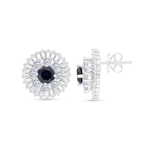[EAR01SAP00WCZB775] Sterling Silver 925 Earring Rhodium Plated Embedded With Sapphire Corundum And White CZ