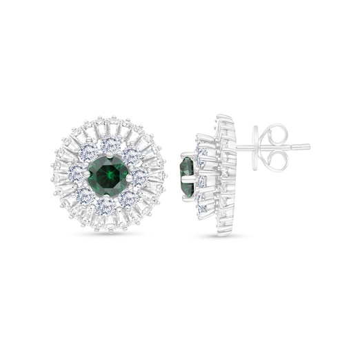 [EAR01EMR00WCZB775] Sterling Silver 925 Earring Rhodium Plated Embedded With Emerald Zircon And White CZ