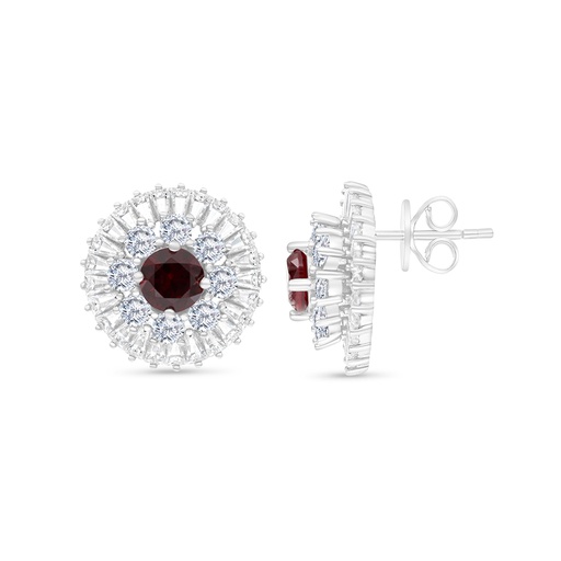 [EAR01RUB00WCZB775] Sterling Silver 925 Earring Rhodium Plated Embedded With Ruby Corundum And White CZ