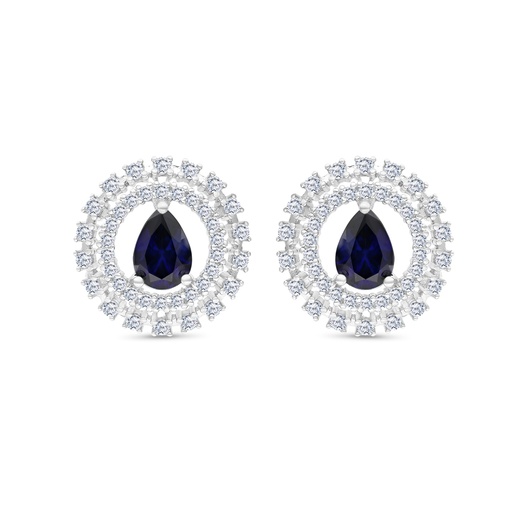 [EAR01SAP00WCZB776] Sterling Silver 925 Earring Rhodium Plated Embedded With Sapphire Corundum And White CZ