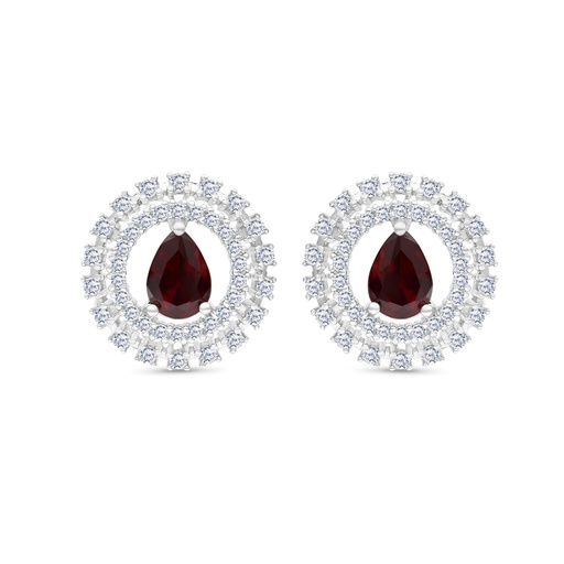 [EAR01RUB00WCZB776] Sterling Silver 925 Earring Rhodium Plated Embedded With Ruby Corundum And White CZ