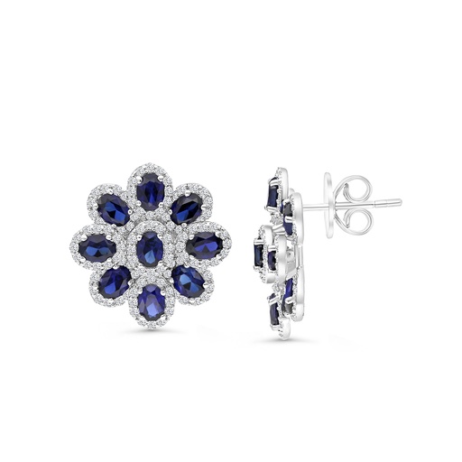 [EAR01SAP00WCZB778] Sterling Silver 925 Earring Rhodium Plated Embedded With Sapphire Corundum And White CZ