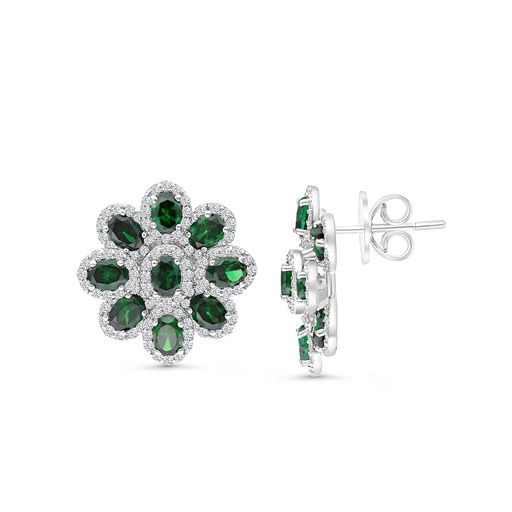 [EAR01EMR00WCZB778] Sterling Silver 925 Earring Rhodium Plated Embedded With Emerald Zircon And White CZ