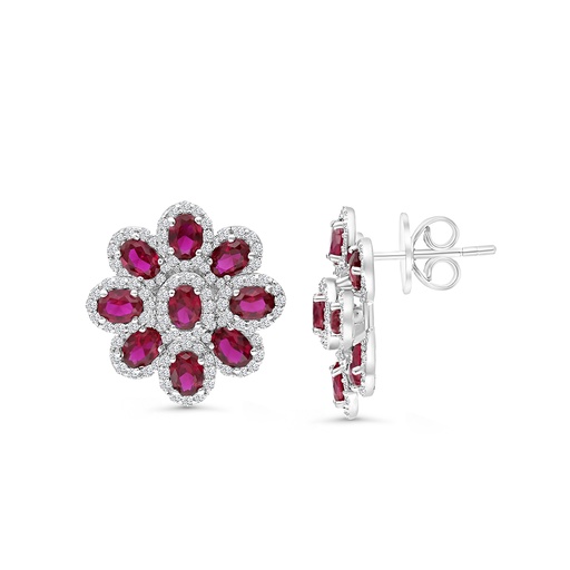 [EAR01RUB00WCZB778] Sterling Silver 925 Earring Rhodium Plated Embedded With Ruby Corundum And White CZ