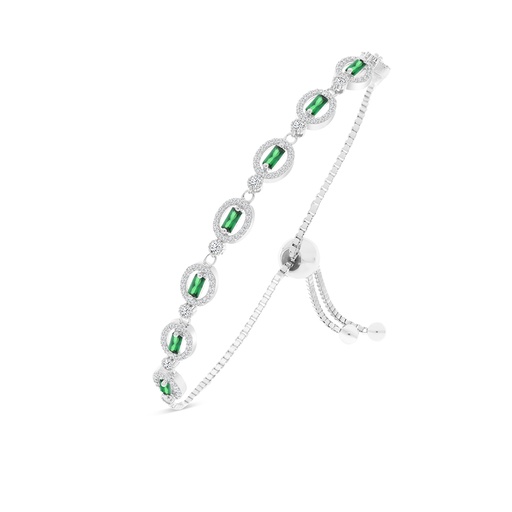 [BRC01EMR00WCZA912] Sterling Silver 925 Bracelet Rhodium Plated Embedded With Emerald Zircon And White CZ