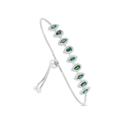 [BRC01EMR00WCZA916] Sterling Silver 925 Bracelet Rhodium Plated Embedded With Emerald Zircon And White CZ