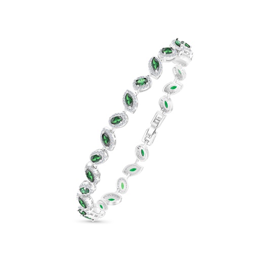 [BRC01EMR00WCZA953] Sterling Silver 925 Bracelet Rhodium Plated Embedded With Emerald Zircon And White CZ