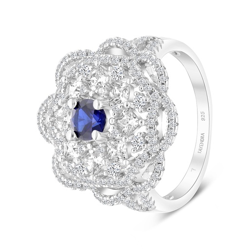 Sterling Silver 925 Ring Rhodium Plated Embedded With Sapphire CorundumAnd White CZ