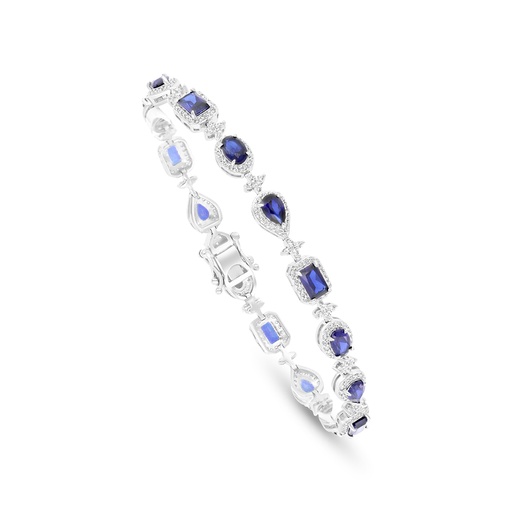 [BRC01SAP00WCZA906] Sterling Silver 925 Bracelet Rhodium Plated Embedded With Sapphire Corundum And White CZ