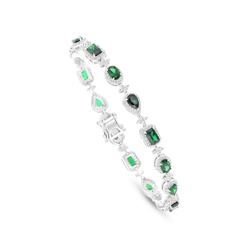 [BRC01EMR00WCZA906] Sterling Silver 925 Bracelet Rhodium Plated Embedded With Emerald Zircon And White CZ