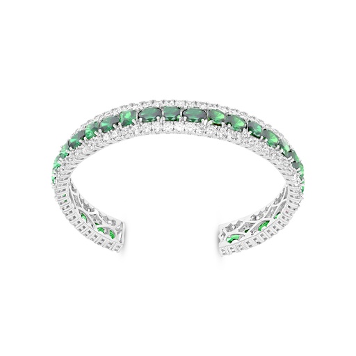 [BNG01EMR00WCZA073] Sterling Silver 925 Bangle Rhodium Plated Embedded With Emerald Zircon And White CZ