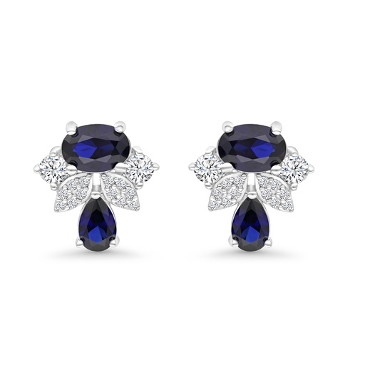 [EAR01SAP00WCZB721] Sterling Silver 925 Earring Rhodium Plated Embedded With Sapphire Corundum And White CZ