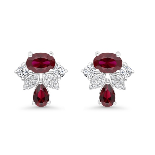 [EAR01RUB00WCZB721] Sterling Silver 925 Earring Rhodium Plated Embedded With Ruby Corundum And White CZ