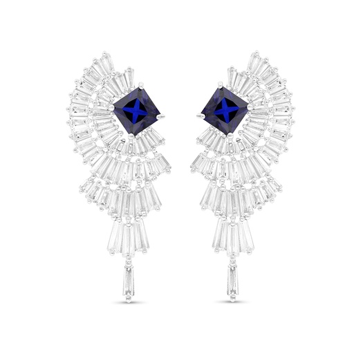 [EAR01SAP00WCZB723] Sterling Silver 925 Earring Rhodium Plated Embedded With Sapphire Corundum And White CZ