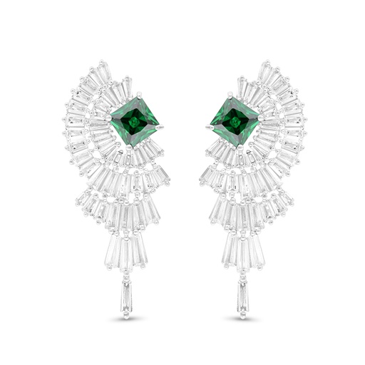 [EAR01EMR00WCZB723] Sterling Silver 925 Earring Rhodium Plated Embedded With Emerald Zircon And White CZ