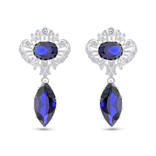 [EAR01SAP00WCZB725] Sterling Silver 925 Earring Rhodium Plated Embedded With Sapphire Corundum And White CZ