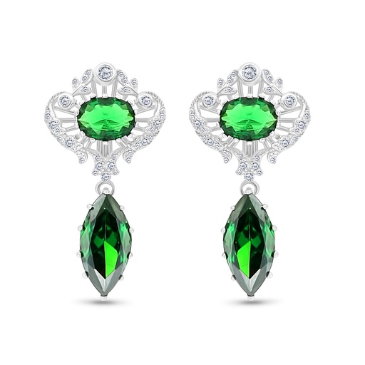 [EAR01EMR00WCZB725] Sterling Silver 925 Earring Rhodium Plated Embedded With Emerald Zircon And White CZ