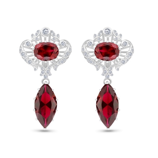 [EAR01RUB00WCZB725] Sterling Silver 925 Earring Rhodium Plated Embedded With Ruby Corundum And White CZ
