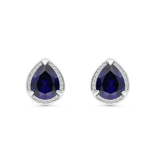 [EAR01SAP00WCZB728] Sterling Silver 925 Earring Rhodium Plated Embedded With Sapphire Corundum And White CZ
