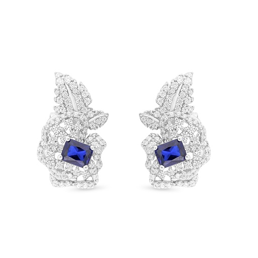 [EAR01SAP00WCZB732] Sterling Silver 925 Earring Rhodium Plated Embedded With Sapphire Corundum And White CZ
