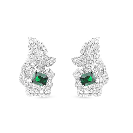 [EAR01EMR00WCZB732] Sterling Silver 925 Earring Rhodium Plated Embedded With Emerald Zircon And White CZ