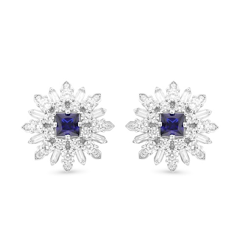[EAR01SAP00WCZB739] Sterling Silver 925 Earring Rhodium Plated Embedded With Sapphire Corundum And White CZ