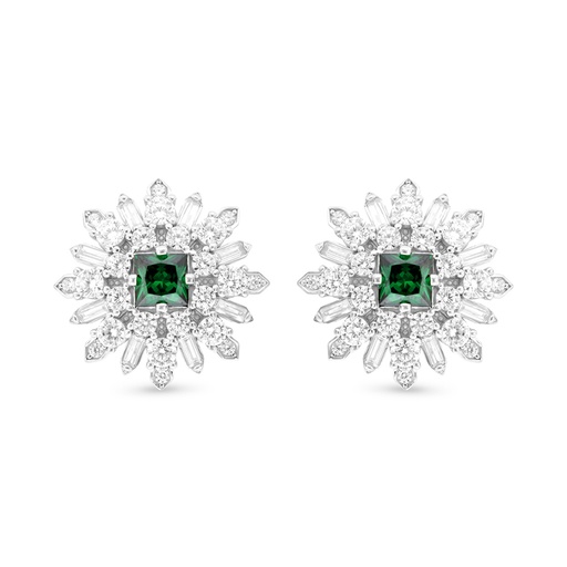 [EAR01EMR00WCZB739] Sterling Silver 925 Earring Rhodium Plated Embedded With Emerald Zircon And White CZ