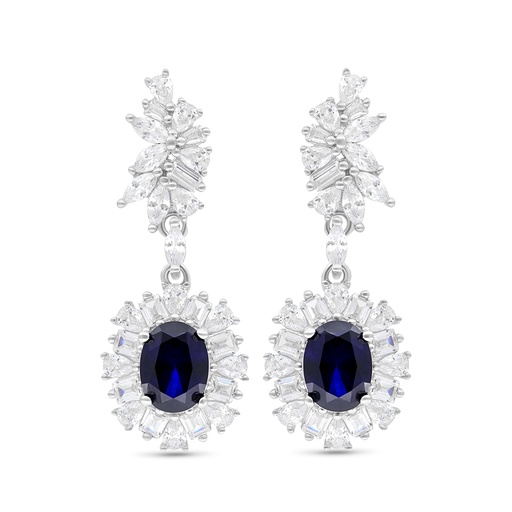 [EAR01SAP00WCZB743] Sterling Silver 925 Earring Rhodium Plated Embedded With Sapphire Corundum And White CZ